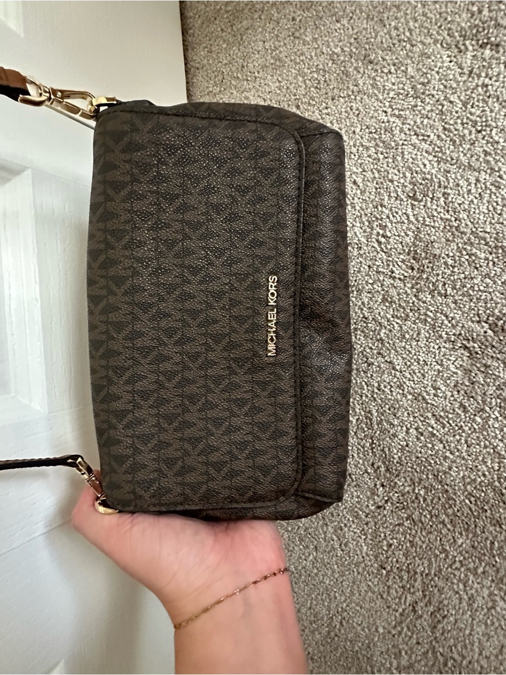 Michael Kors Brown MK Monogram Shoulder Bag with Gold Hardware